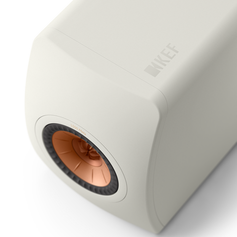 KEF LS50 Meta Bookshelf Speakers Mineral White (Pair) — top angle view