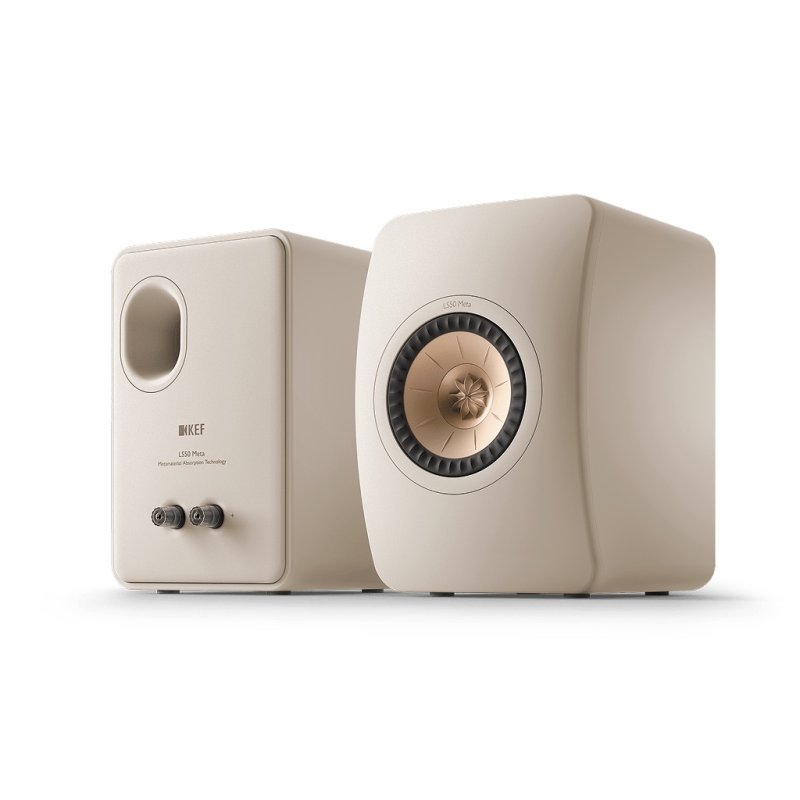 KEF LS50 Meta Bookshelf Speakers Sand Shell (Pair) - front and rear view