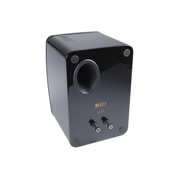 KEF LS50 rear panel — bass reflex port and binding post terminals, Piano Black
