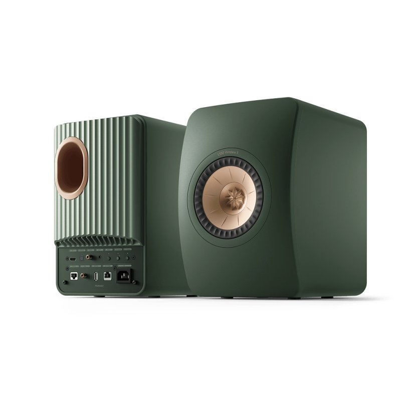 KEF LS50 Wireless II Moss Green (Pair) front and rear angle