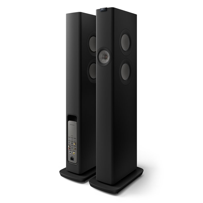 KEF LS60 Wireless Floorstanding Speakers Carbon Black (Pair), front and rear view showing the primary speaker connection panel