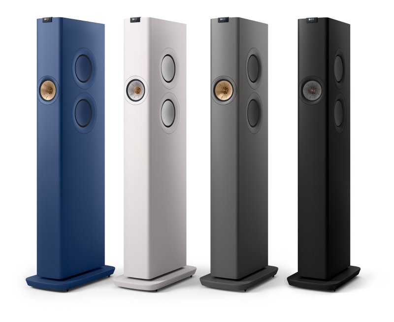 KEF LS60 Wireless Floorstanding Speakers range line up in Royal Blue, Mineral White, Titanium Grey and Carbon Black