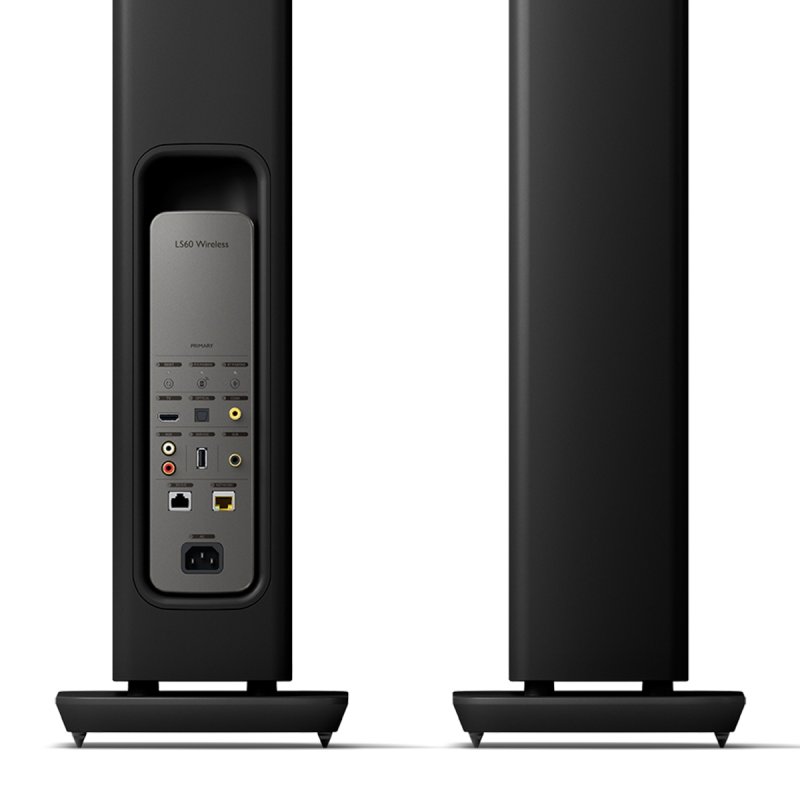 KEF LS60 Wireless Floorstanding Speakers Carbon Black (Pair), rear panel detail with HDMI, optical, coaxial, analogue, USB, subwoofer and network connections