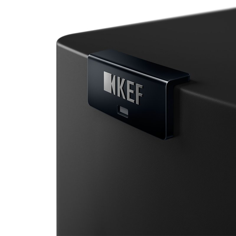 KEF LS60 Wireless Floorstanding Speakers Carbon Black (Pair), top badge and status light detail