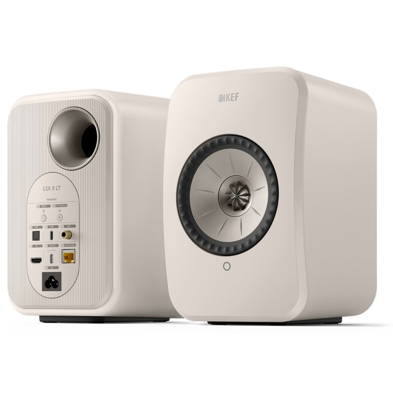 KEF LSX II LT Stone White - angled front and rear view (pair)