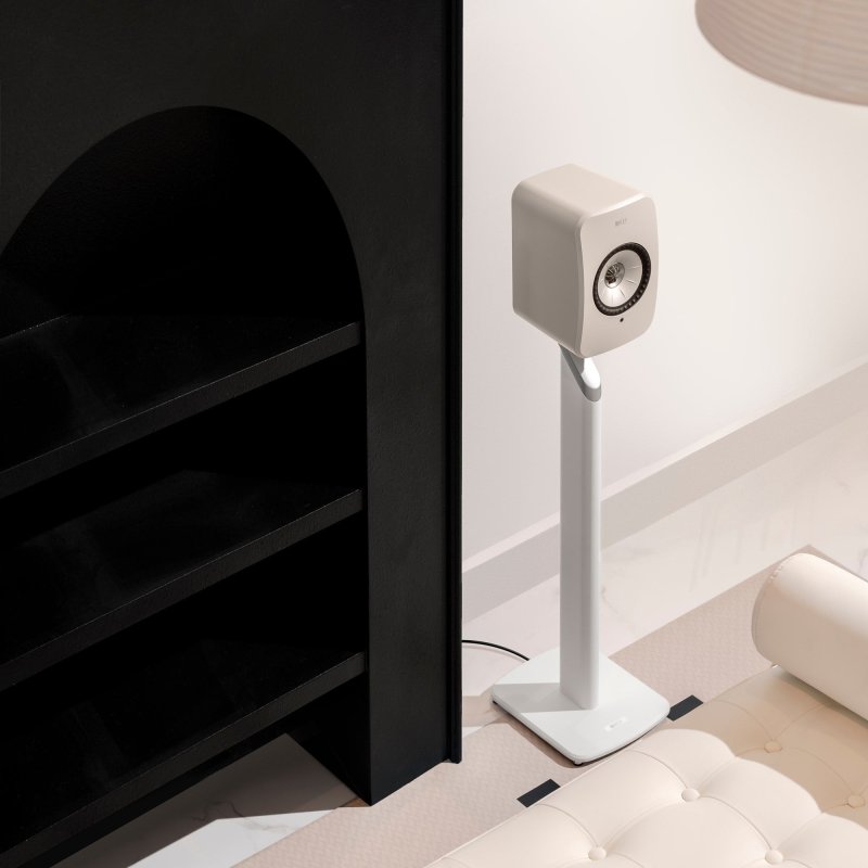 KEF LSX II LT Stone White - single speaker in a living room on the optional KEF S1 floor stand (stand sold separately)
