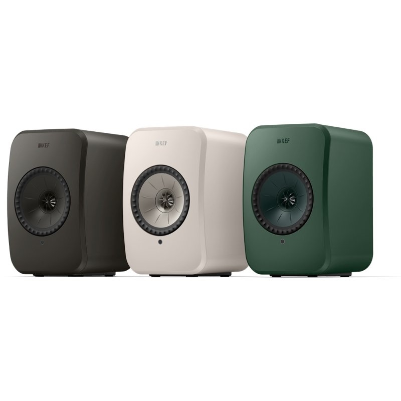 KEF LSX II LT range line-up: Graphite Grey, Stone White and Sage Green
