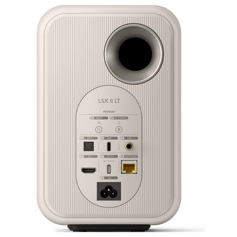 KEF LSX II LT Stone White - primary speaker rear panel showing HDMI ARC, optical, USB-C, network and subwoofer output (single speaker)