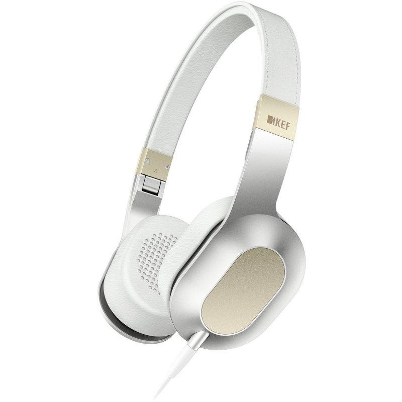KEF M400 Hi-Fi On-Ear Headphones Champagne White — front view showing white ear pads and champagne gold accents