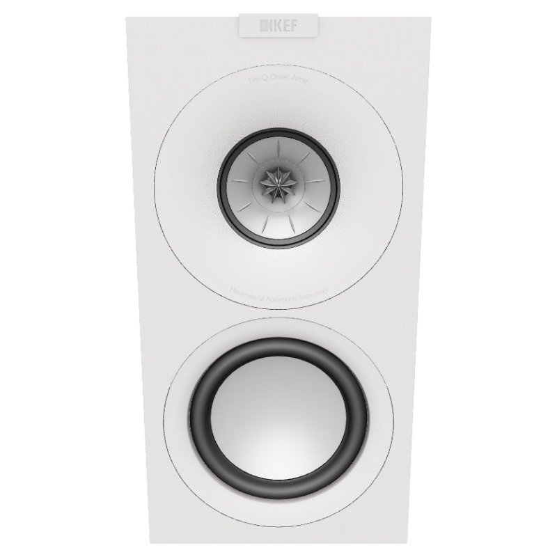 KEF Q Concerto Meta Standmount Speaker Satin White, front on view showing the Uni-Q driver array and 165 mm bass driver