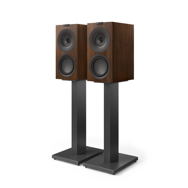 KEF Q Concerto Meta Standmount Speakers Walnut, the pair shown on optional matching floor stands