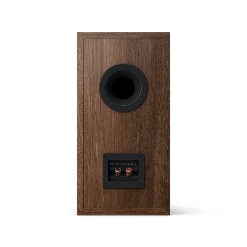 KEF Q Concerto Meta Standmount Speaker Walnut, rear view showing the reflex port and binding posts