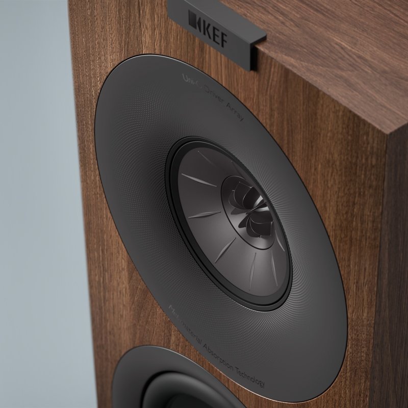KEF Q Concerto Meta Standmount Speaker Walnut, close up of the Uni-Q driver array and bass driver