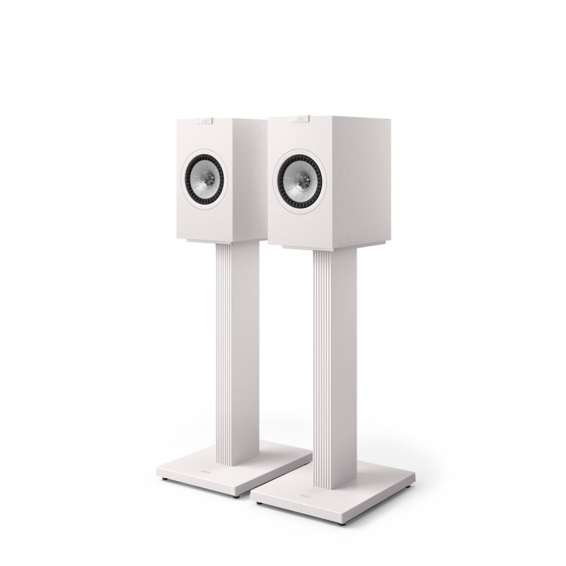 KEF Q1 Meta Bookshelf Speakers in Satin White shown on matching optional KEF floor stands; stands are not included