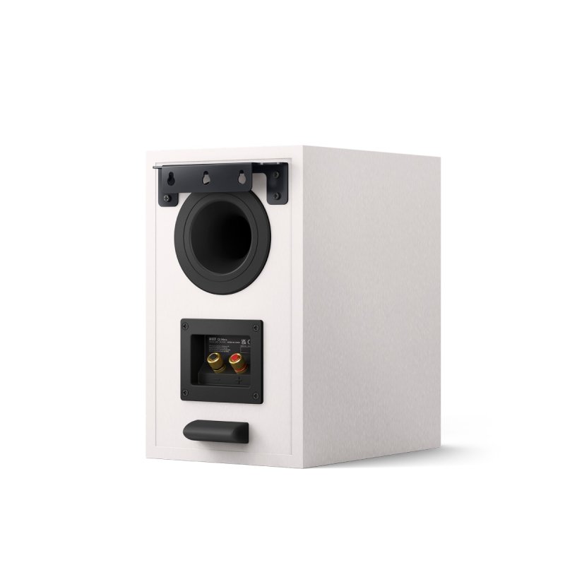KEF Q1 Meta Bookshelf Speaker in Satin White, rear three-quarter view showing the rear port, wall mount bracket and binding posts