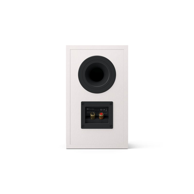 KEF Q1 Meta Bookshelf Speaker in Satin White, rear panel showing the bass reflex port and single pair of gold plated binding posts