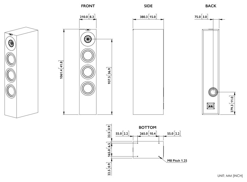 KEF Q11 Meta Floorstanding Speakers - dimension drawing with front, side, back and bottom views