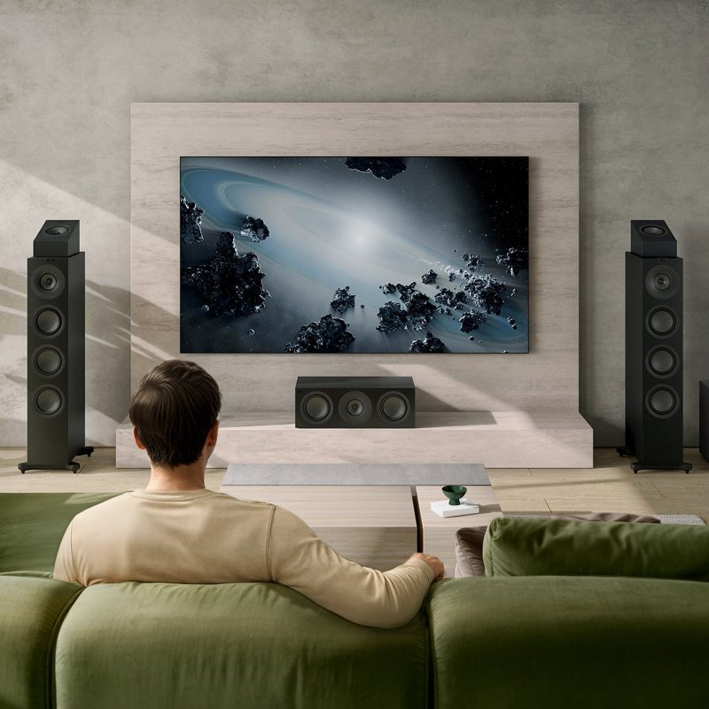 KEF Q11 Meta Floorstanding Speakers Satin Black (Pair) in a home cinema system with Q Series centre and Dolby Atmos modules
