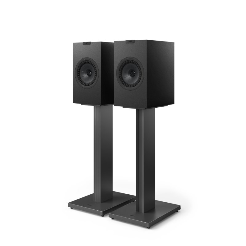 KEF Q3 Meta Bookshelf Speakers Satin Black (Pair) - angled on KEF S3 Meta stands (stands not included)