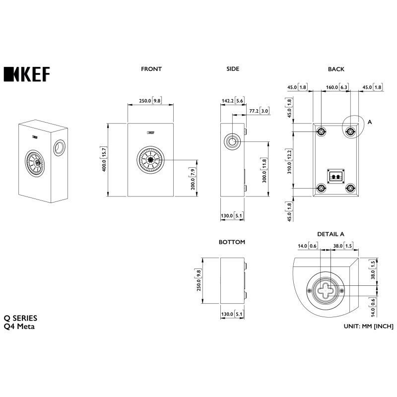 KEF Q4 Meta On-Wall Speaker, dimension drawing with rear panel and keyhole mount detail