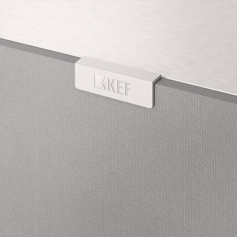 KEF Q6 Meta Centre Speaker Satin White, magnetic grille cloth and badge detail