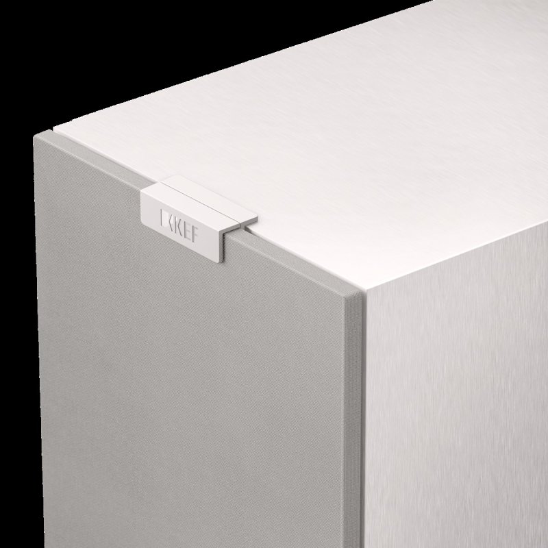 KEF Q7 Meta Satin White magnetic grille and cabinet top detail