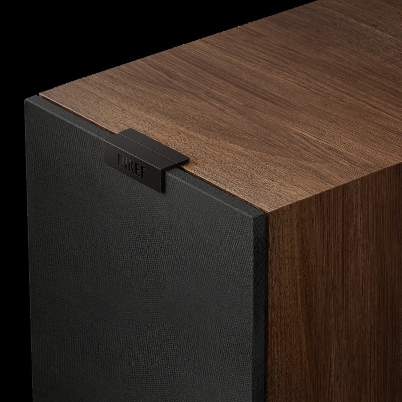 KEF Q7 Meta Walnut magnetic grille and cabinet top detail