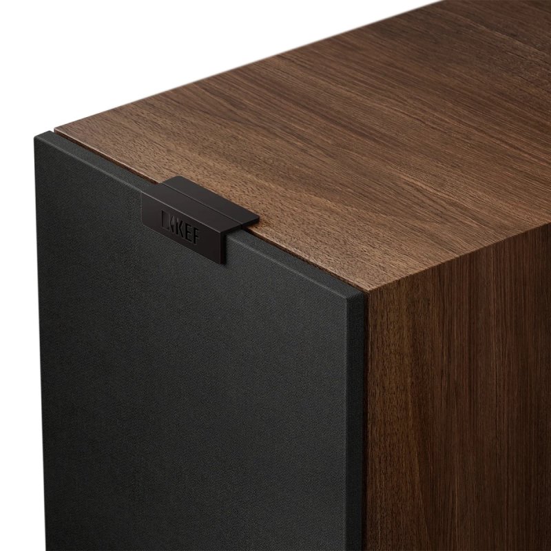 KEF Q7 Meta Walnut magnetic grille and cabinet top detail