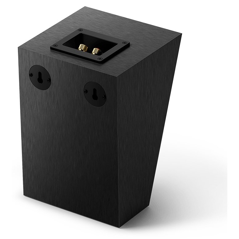 KEF Q8 Meta Dolby Atmos speaker in Satin Black, rear view showing binding posts and keyhole wall mounts (single unit shown)
