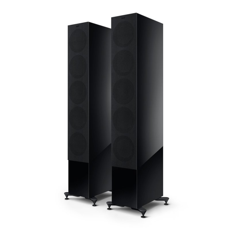 KEF R11 Meta Floorstanding Speakers Black Gloss (Pair): front three-quarter view (grilles on)