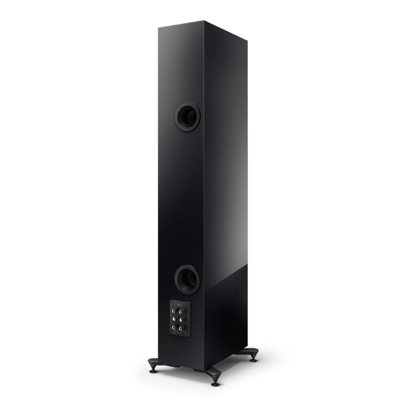 KEF R11 Meta Floorstanding Speakers Black Gloss (Pair): rear view showing reflex ports and terminals