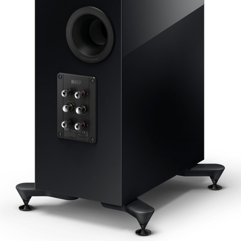 KEF R11 Meta Floorstanding Speakers Black Gloss (Pair): bi-wire terminal panel and plinth detail