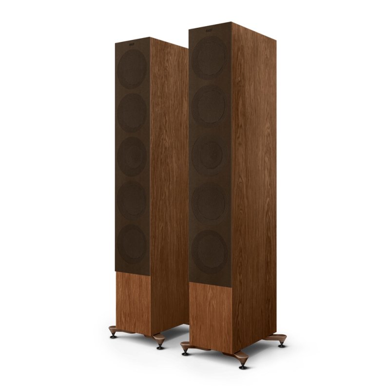 KEF R11 Meta Floorstanding Speakers Walnut (Pair): front view (grilles on)