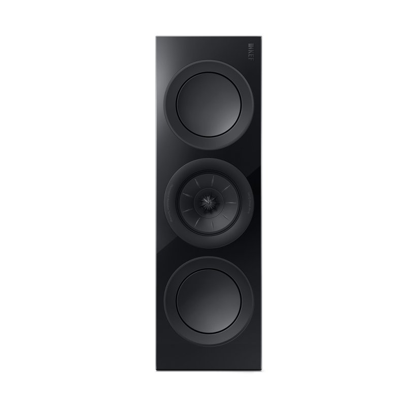 KEF R2 Meta Centre Speaker Black Gloss, stood upright for vertical LCR use, front