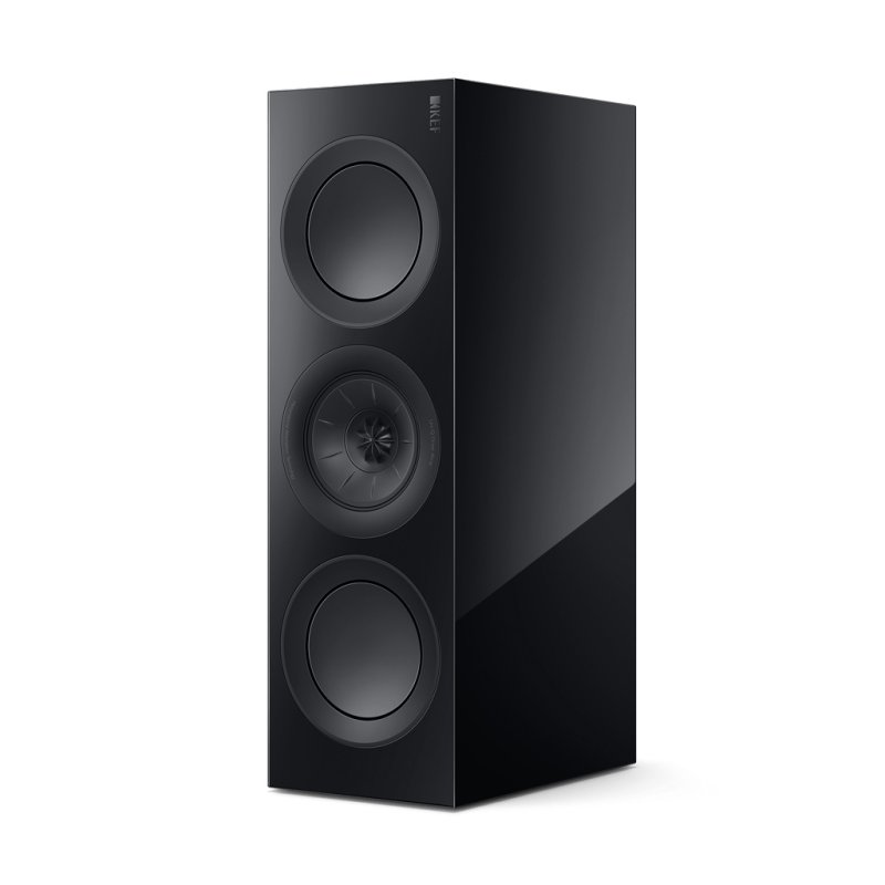 KEF R2 Meta Centre Speaker Black Gloss, stood upright for vertical LCR use, three-quarter view