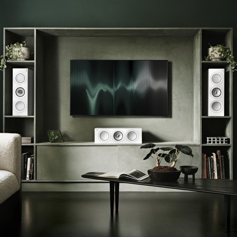 KEF R2 Meta Centre Speakers White Gloss in a living room, three units shown in an LCR arrangement below and beside a television