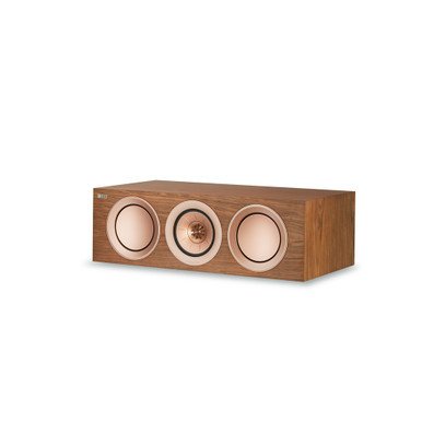 KEF R2c Centre Channel Speaker in Walnut — front three-quarter view showing Uni-Q driver and twin bass drivers