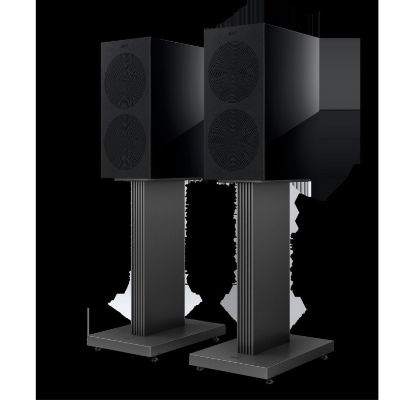 KEF R3 Meta Standmount Speakers Black (Pair) — rear view with stands