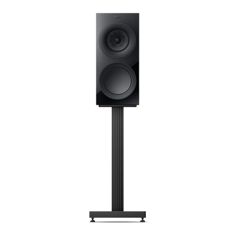 KEF R3 Meta Standmount Speakers Black (Pair) — single front view on stand