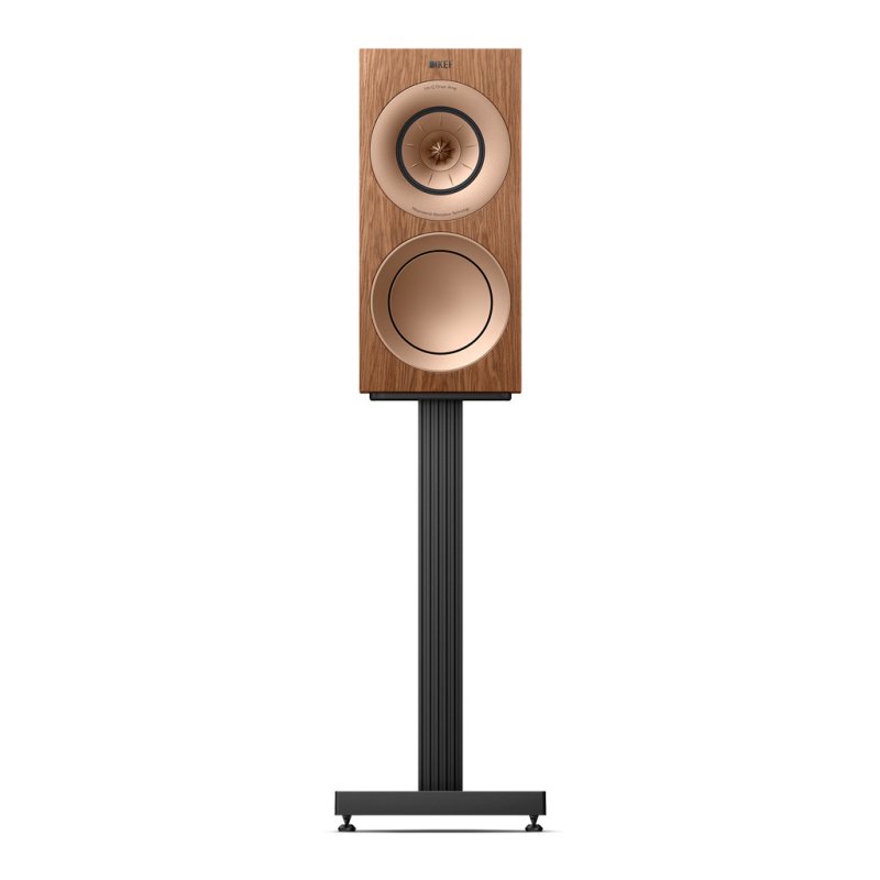 KEF R3 Meta Standmount Speakers Walnut (Pair) — single front view on stand