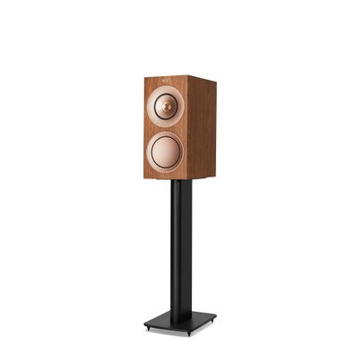 KEF R3 Standmount Speaker in Walnut finish without grille on stand — front three-quarter view