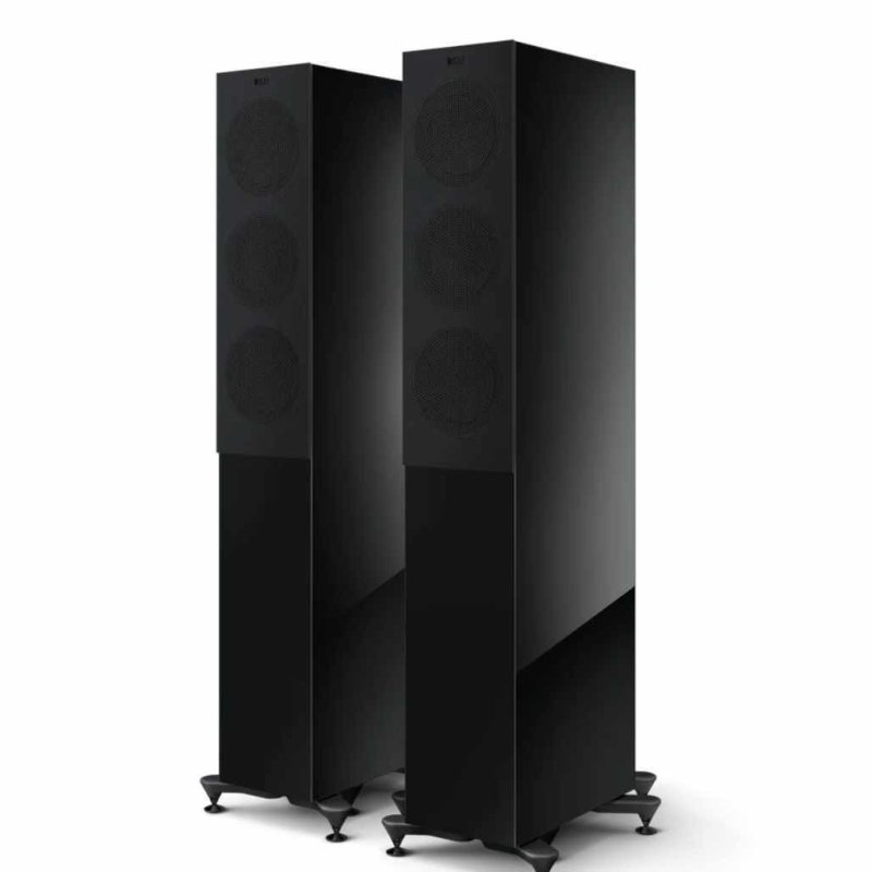 KEF R5 Meta Floorstanding Speakers Black (Pair) — front view (grille on)