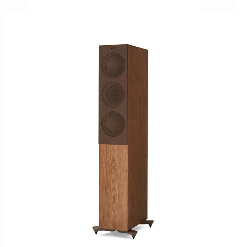 KEF R5 Meta Floorstanding Speakers Walnut (Pair) — hero view (single, grille on)