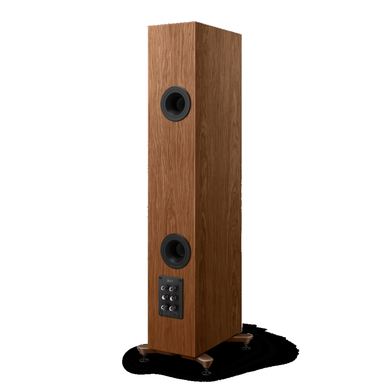 KEF R5 Meta Floorstanding Speakers Walnut (Pair) — rear three-quarter view