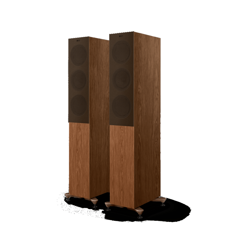 KEF R5 Meta Floorstanding Speakers Walnut (Pair) — hero view (grille on)