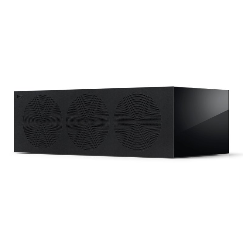 KEF R6 Meta Centre Speaker Black Gloss, front angled view with magnetic grille fitted
