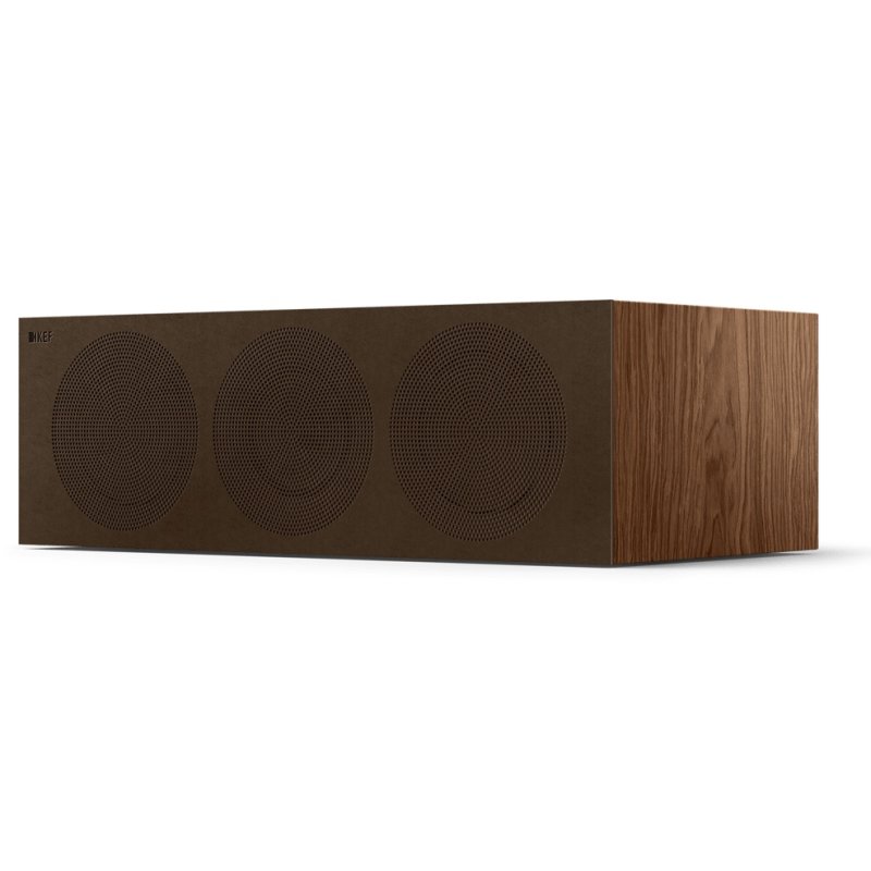 KEF R6 Meta Centre Speaker Walnut, front angled view with the magnetic microfibre grille fitted