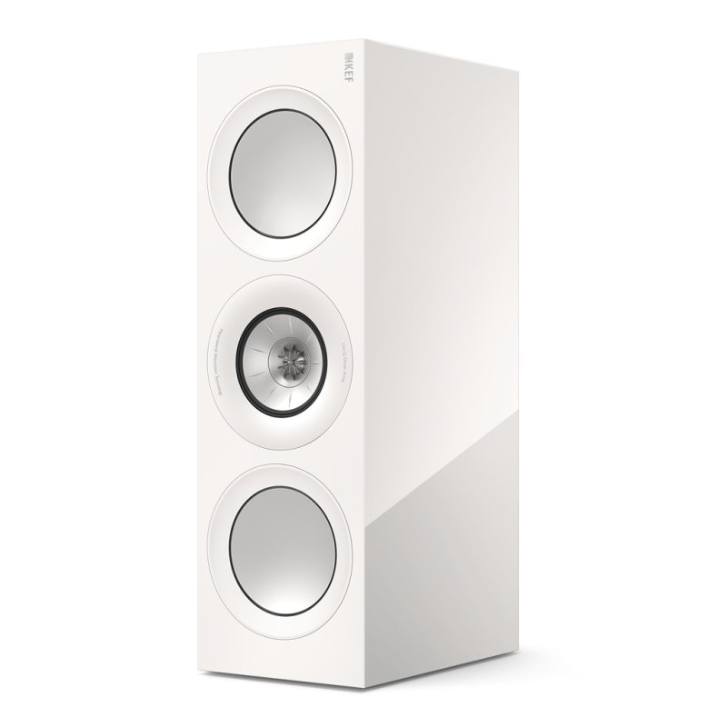 KEF R6 Meta Centre Speaker White Gloss, angled view standing vertically