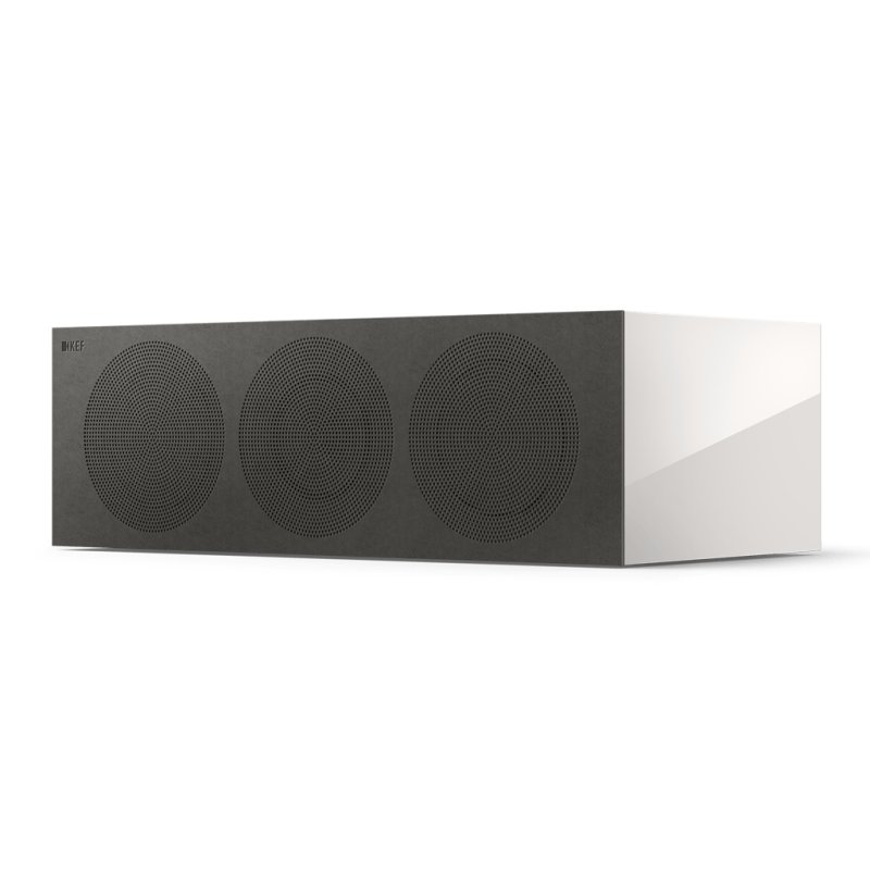 KEF R6 Meta Centre Speaker White Gloss, front angled view with magnetic microfibre grille fitted