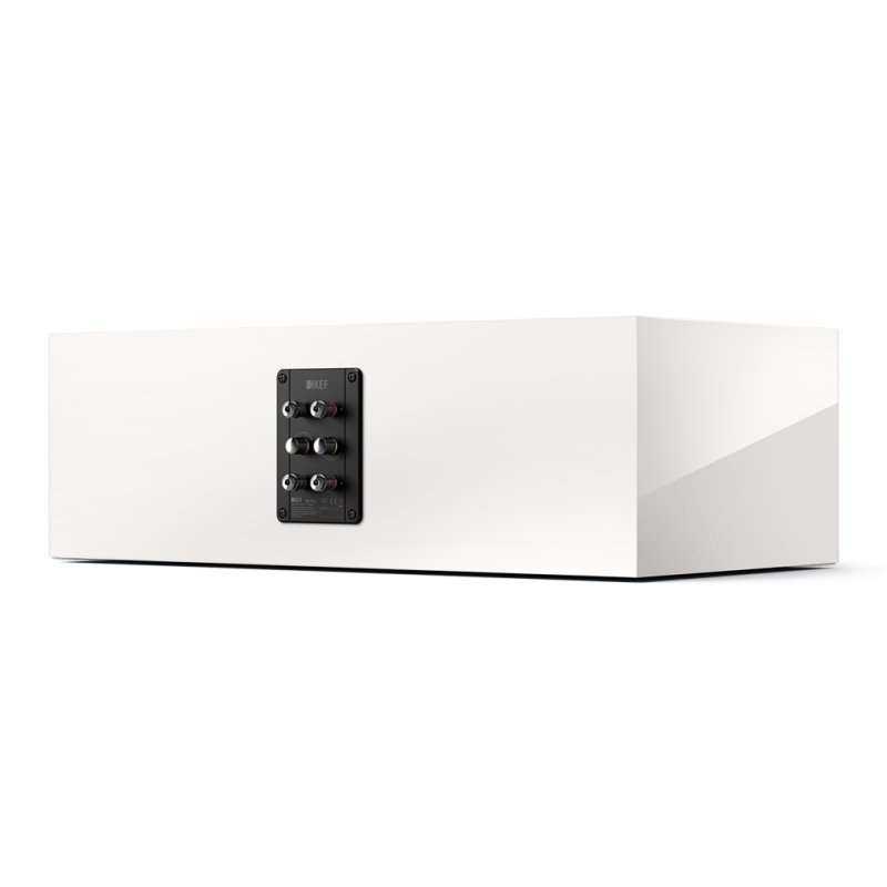 KEF R6 Meta Centre Speaker White Gloss, rear view showing the bi-wire terminal panel with Link connection knobs